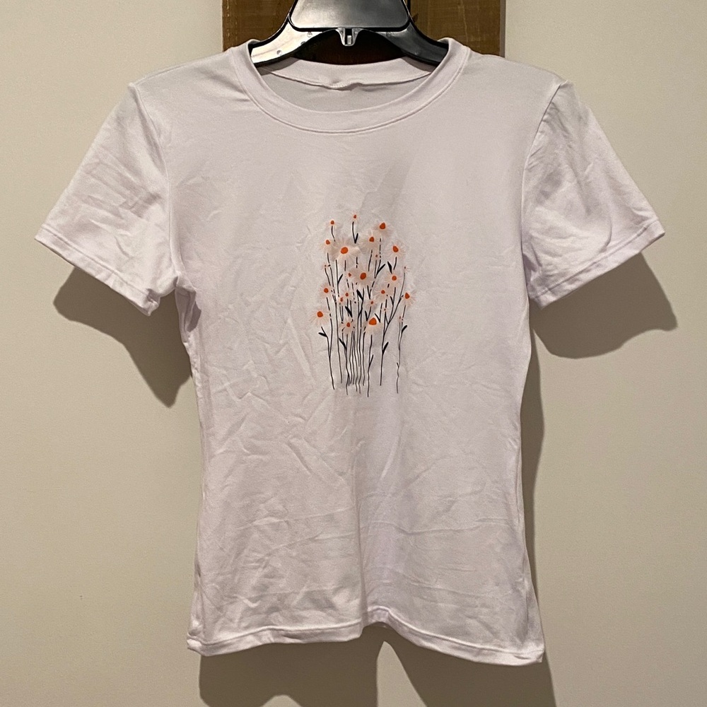 Stradivarius White Tee with Orange Floral Design